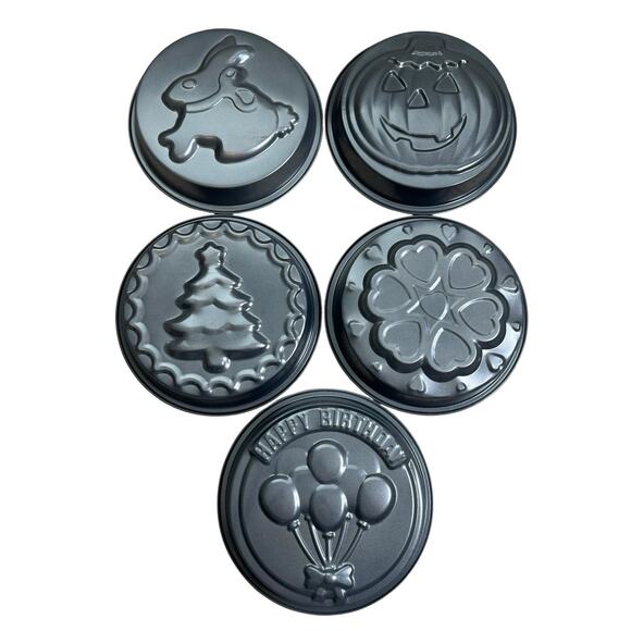 Holiday Cake Pans Set 5 Seasonal Birthday Hearts Halloween Easter Christmas 9.5" - Picture 1 of 13